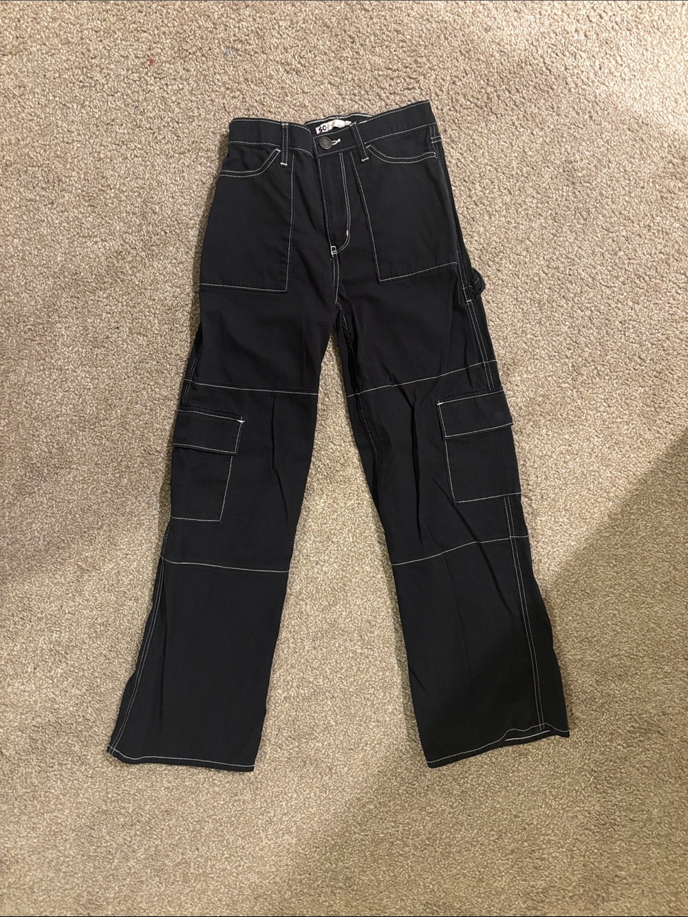 XS High Rise Black Cargo Wide Leg Pants with Contrast Stitching